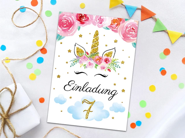 EINLADUNGSKARTEN ZUM 7. Kindergeburtstag Mädchen Einhorn siebte ...