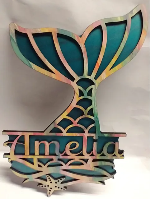 Personalized Mermaid Tail name plaque wall hanging sign – two laser cut layers
