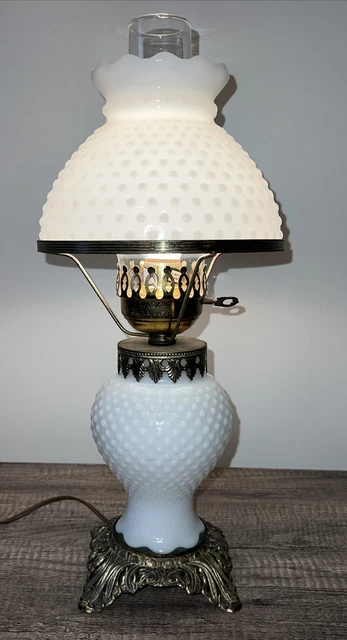 Vintage Hobnail White Milk Glass Hurricane GWTW Table Parlor Student Lamp 17"