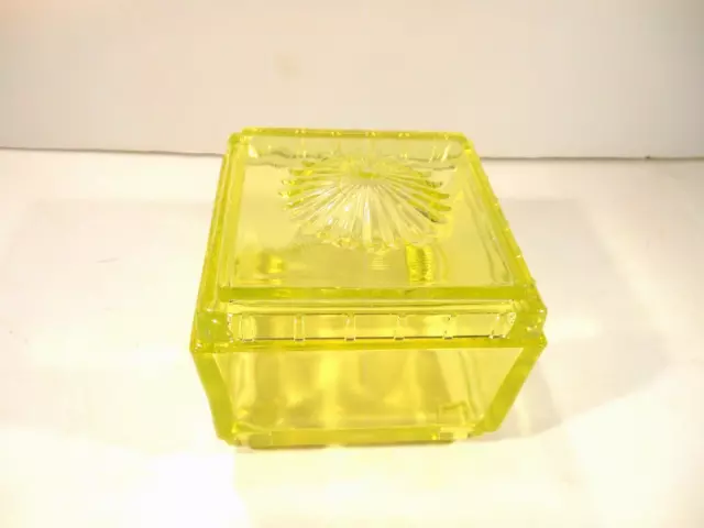 Vintage Rare Taussaunt Sunburst Canary Vaseline Glass Art Deco Powder Box Nice!