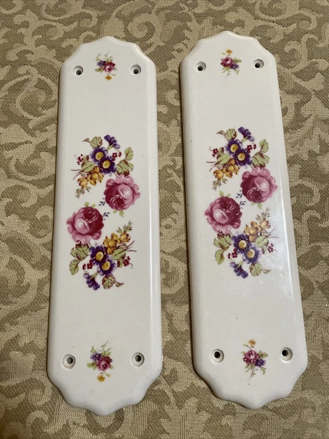 French Door  Push Plates Pair Victorian ￼Flowers vintage￼ Porcelain Hand Painted