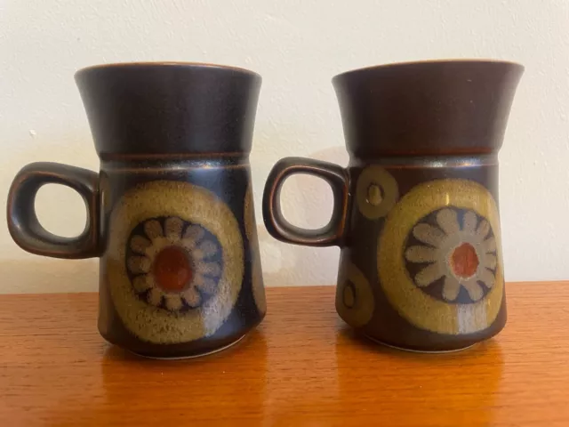 Pair Denby Arabesque Coffee Cups / Mugs Brown Flower Vintage Retro Mid-Century