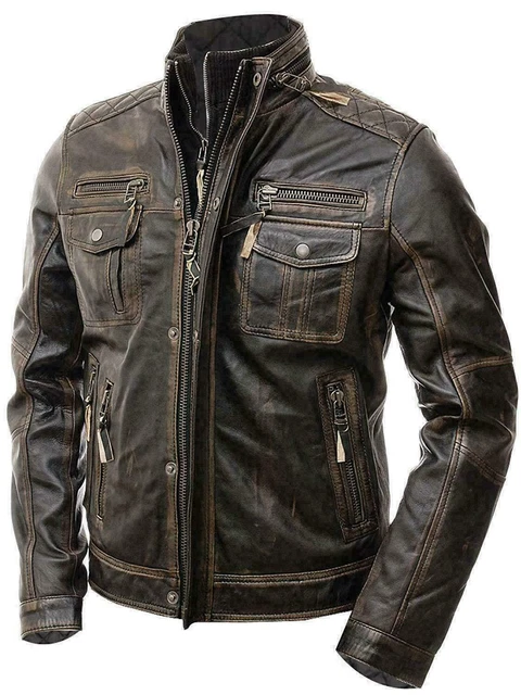 Giacca Da Uomo Vintage Moto Biker Cafe Racer Marrone Effetto Invecchiato Vera Pelle