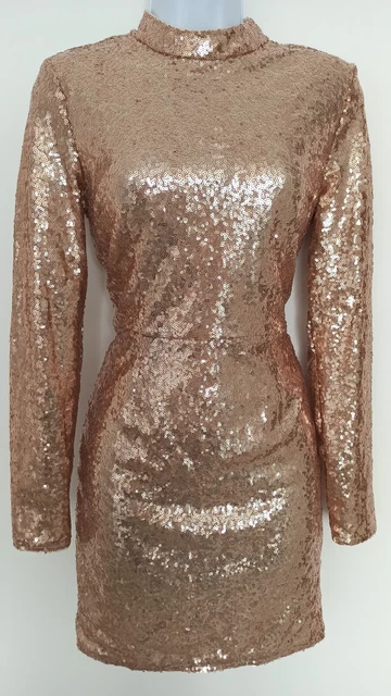 MISSGUIDED High Neck Long Sleeve Gold Sequin Mini Party Dress Size 8 BNWT