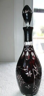 Vtg 17" Czech Crystal Wine Decanter Ruby Red Cut to Clear Bohemian with Stopper