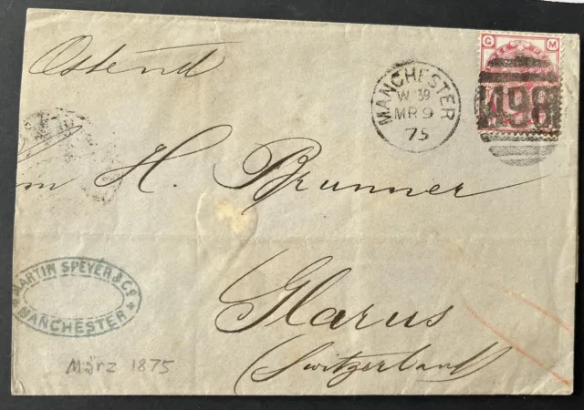 GB QV. 1873-80. 3d Red SG143 Pl.16. VGU With Manchester No.498 Cancel on cover.