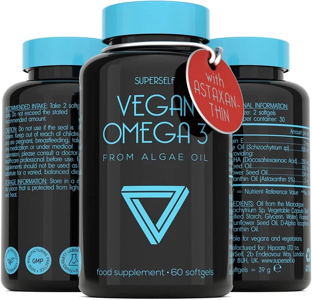 VEGAN OMEGA 3 Capsules Algae Oil 500mg with Astaxanthin 60 Capsules NEW