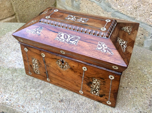 Antiguo carrito de té georgiano del siglo XIX con incrustación de perlas madre, caja de sarcófago, antiguo