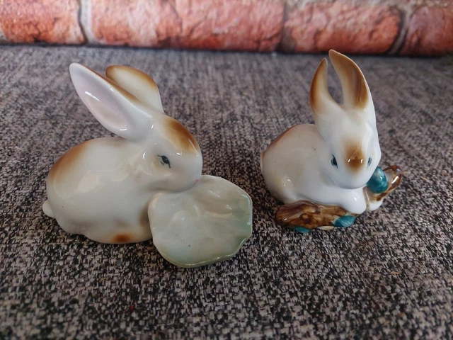 vintage Zsolnay Pecs Hungary porcelain rabbit sitting with log & lettuce leaf