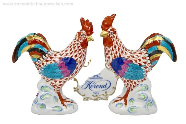 Superb Herend Porcelain Figurine PAIR Rooster Cockerel Red Fishnet RP €685.00