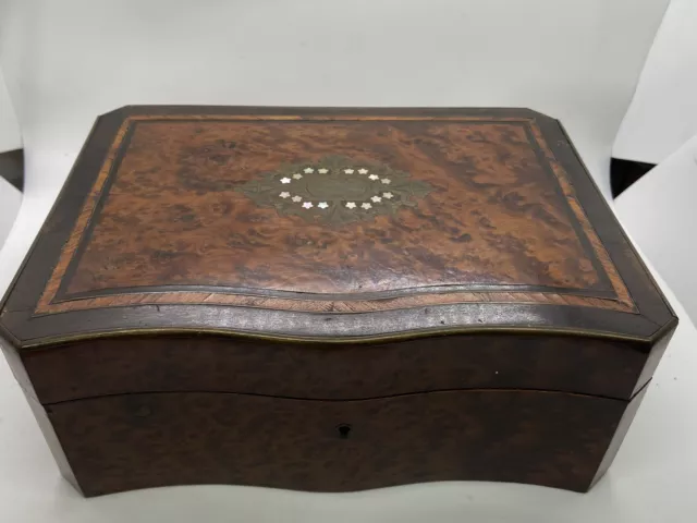 Antique French Belle Époque Burl Walnut Box With Brass Mother Of Pearl Chest