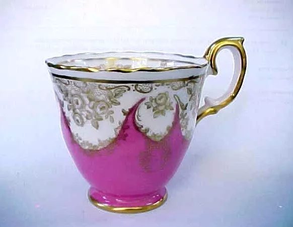 CROWN STAFFORDSHIRE Tea Cup Rare Antique Bone China Demitasse Pink White Gold