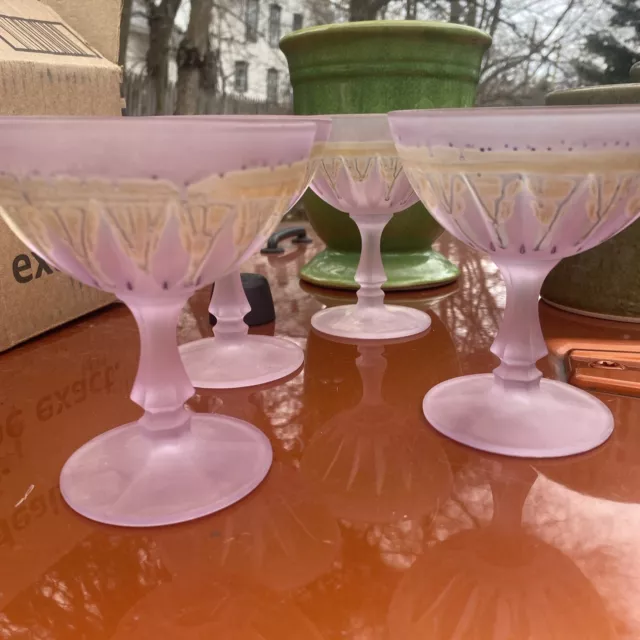 Rueven ? Art Nouveau Pink Frosted Glass Wine Martini Drip Effect 5x4” SET OF 4