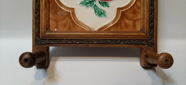 Victorian tile wood dog leash coat hat hooks holder rose flower antique 7
