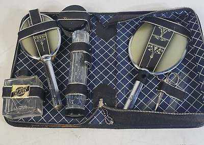 Antique 6 Piece Art Deco Celluloid  Vanity Travel Kit with Leather Zip Case