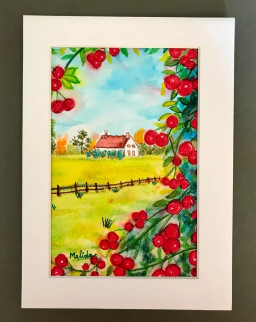 Cherry Tree Painting  Original Watercolor Cherries Painting  Country Home Art