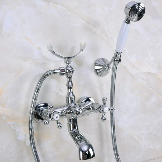 Wall Mount Double Handles Bathtub Chrome Tap with Brass Hand shower＆Mixer Faucet