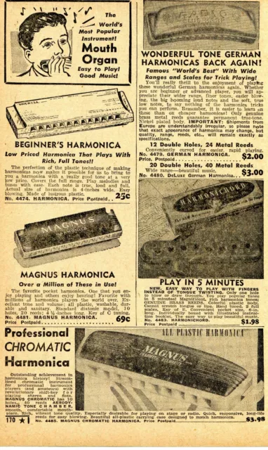 1950 small Print Ad of Radio Club Harp, Magnus Chromatic Harmonica, Mouth Organ