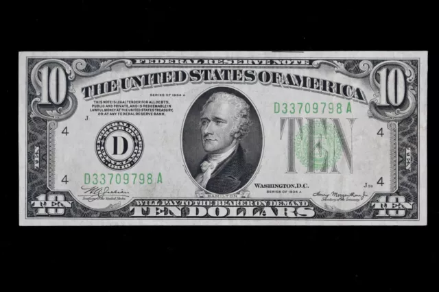 $10 1934A Mule Federal Reserve Note D33709798A ten dollar series A, Cleveland D4
