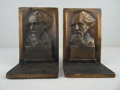 Antique American Charles Dickens Cast Iron Bronze Bookends Statue Bust Sculpture