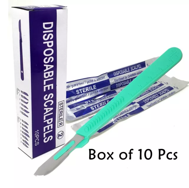10 Disposable Sterile Surgical Scalpels #22 With Graduated Plastic Handle