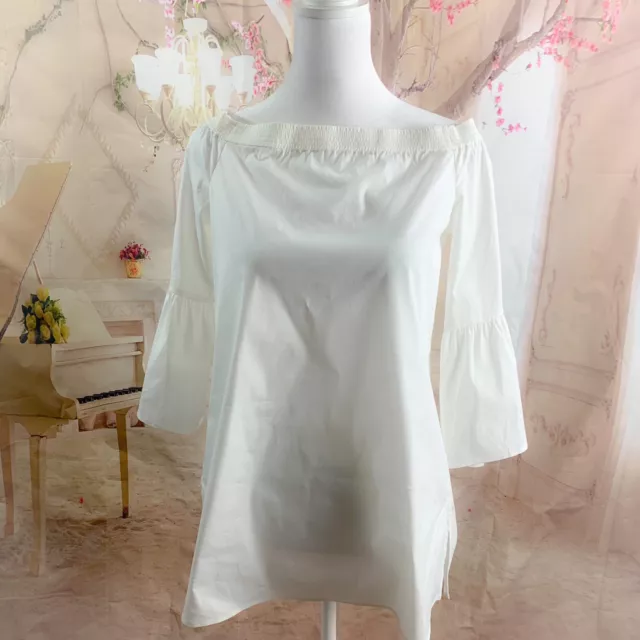 NEW Lafayette 148 New York Sea Amy Off Shoulder Blouse in White Size Small 2