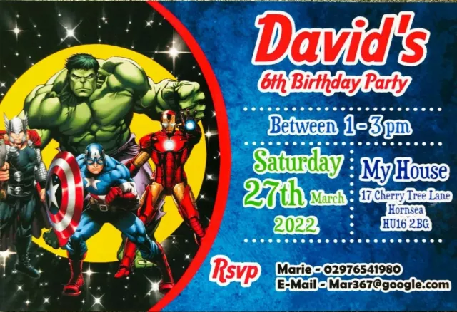 12 Personalised Avengers, Marvel, Super Hero Birthday Party Invitations
