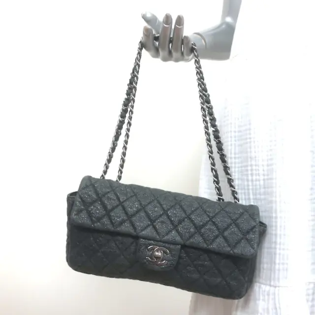 CHANEL 2006 EAST West CC Flap Bag Grey Crinkled Leather Chain