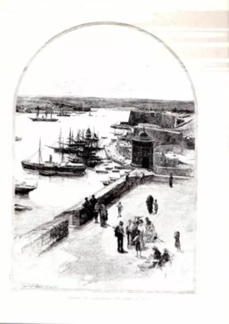 19th LE GRAND PORT WOODCUT VIEW TAKEN FROM QUAI LA VALETTE MALTA