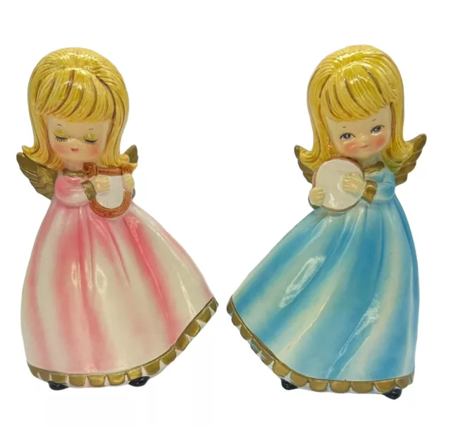 Vintage Pair Retro Ceramic Angels Pink Blue Instruments Harp Tamborine Figurine