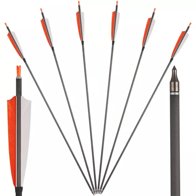 6Pc Archery 30" Carbon Arrows SP400 Real Feathers & 6Pc Broadhead Hunting Shoot 2