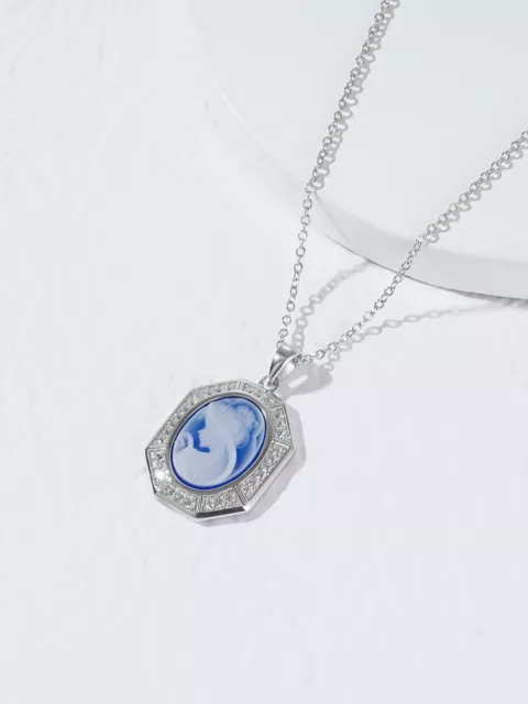 D09 Anhänger Kette Prinzessin mit Schleier Kamee Perlmutt Achat blau Silber 925