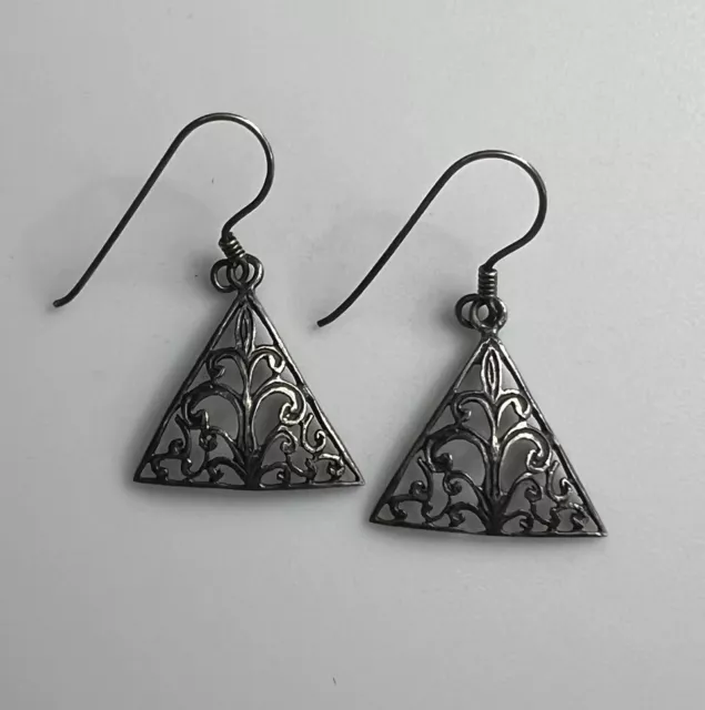 Dainty Geometric Triangle Scroll Fleur Di Lis Cut Out Sterling Silver Earrings