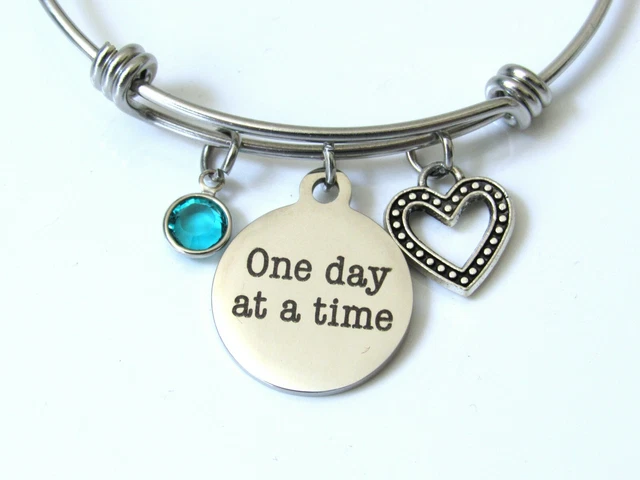 One Day at a Time Bracelet with Birthstone, Motivational Recovery Jewelry Gift