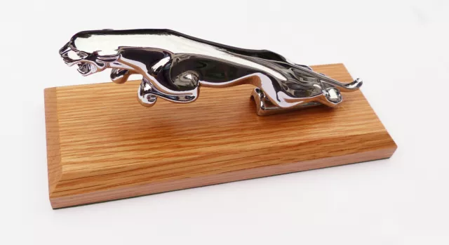 Jaguar Leaping Chat Chrome Mascotte Sur Chêne en Bois Plinthe/Bureau Ornement,