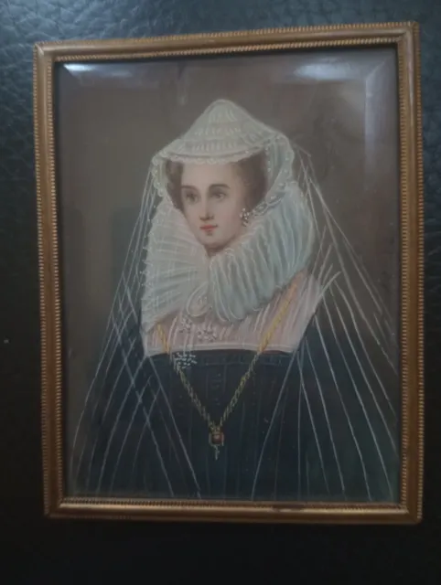 Antique  French Portrait Miniature Painting Of Baroque Period Woman