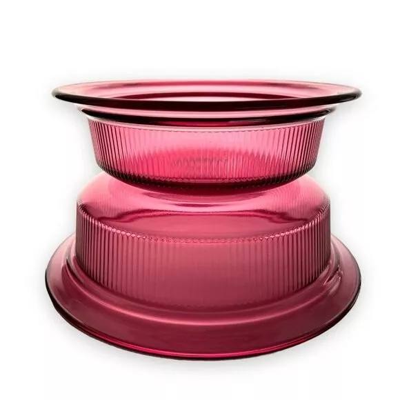 2 Corning Cranberry Visions Ribbed Round Casserole Dishes 1qt and 24oz
