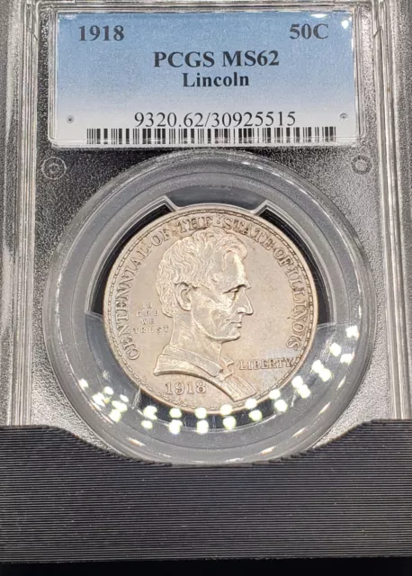 #673 - 1918 Lincoln Illinois Commemorative Silver Half Dollar PCGS MS 62 Luster