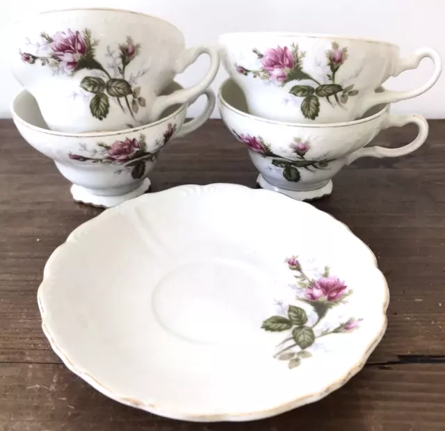 4 Vintage PINK ROSE Japan WHITE Porcelain CURVED Floral TEA CUPS + SAUCER SET VG