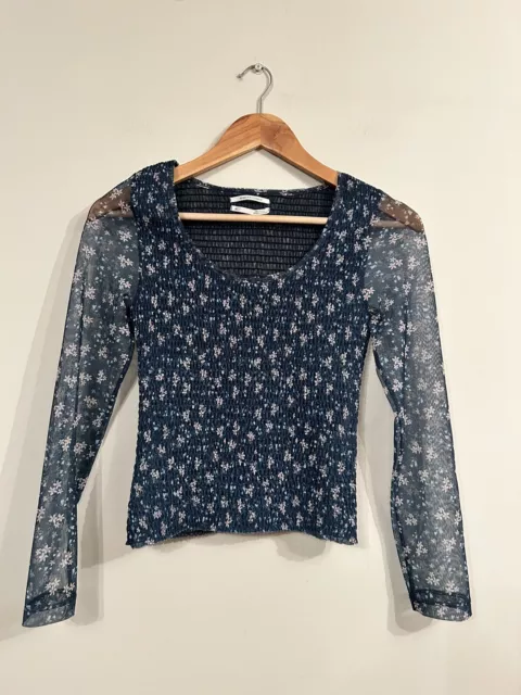 Anthropologie Blue floral Shirred Sheer Mesh Top Size XS