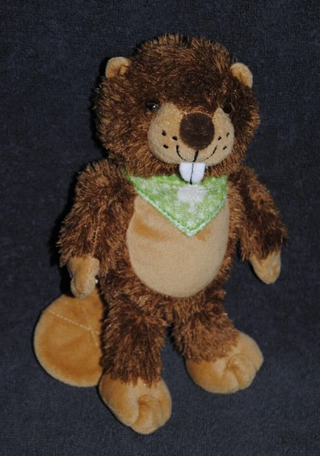 Peluche Doudou Castor KINDER FERRERO Marmotte Beige Brun Rous Bandana Vert TTBE