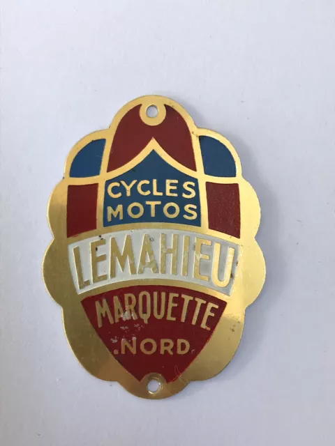 Plaque en tôle ancienne de vélo moto - cycles Motos LEMAHIEU Marquette Nord