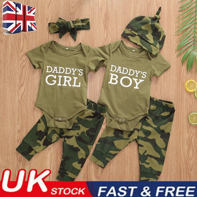 Newborn Infant Baby Boys Girl Clothes Romper Tops Camo Pants Headband Outfit Set