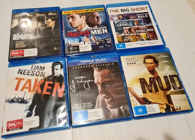 6 x Blu-rays, Taken, Departed, Mud, Repo Men, The Big Short & J. Edgar, PK14