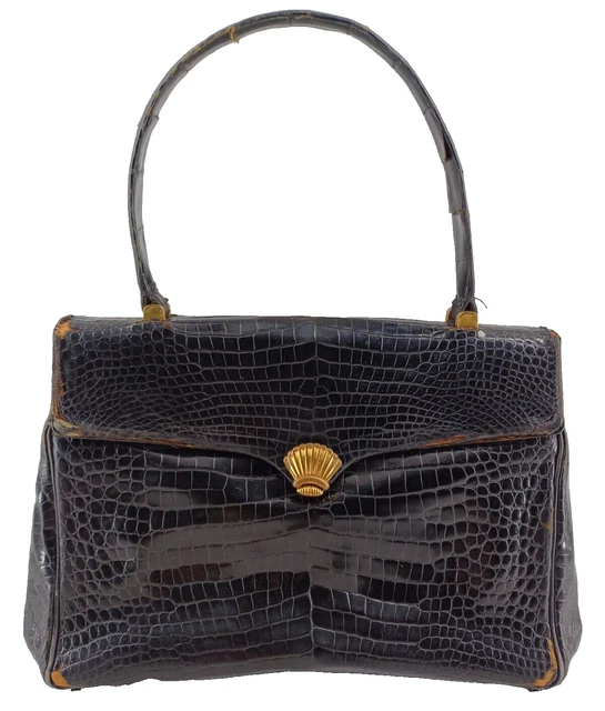 Sac à Main Vintage Années 50 En Cuir Crocodile (aspect) - Marron, Style Bandoulière - Occasion