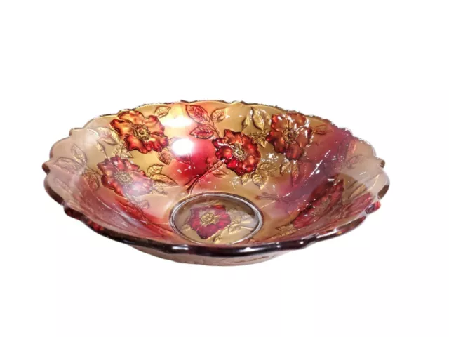 Antique Goofus Glass Red & Gold WILD ROSE Floral 9" Scalloped Bowl Early 1900s 2