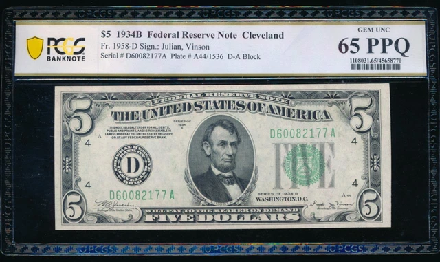 AC 1934B $5 Cleveland FRN PCGS 65 PPQ Fr 1958-D GEM UNCIRCULATED