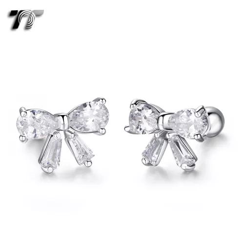 TT Silver Surgical Steel Clear CZ Bow Cartilage Tragus Earrings (TR35S) NEW