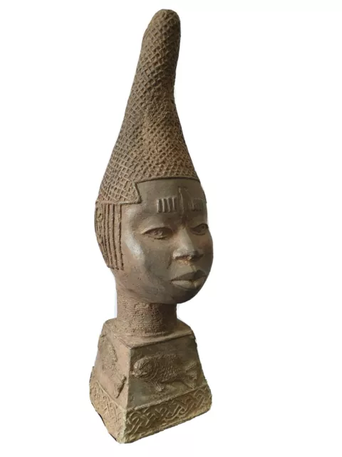 Fine Benin Bronze head of Queen Idia. Old And Heavily Oxidised example. 36cm.