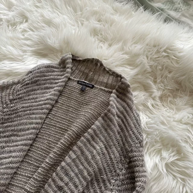 Eileen Fisher Strickjacke Pullover offen Frontleinen Metallic Mischung Strick GRAU Gr. S 3